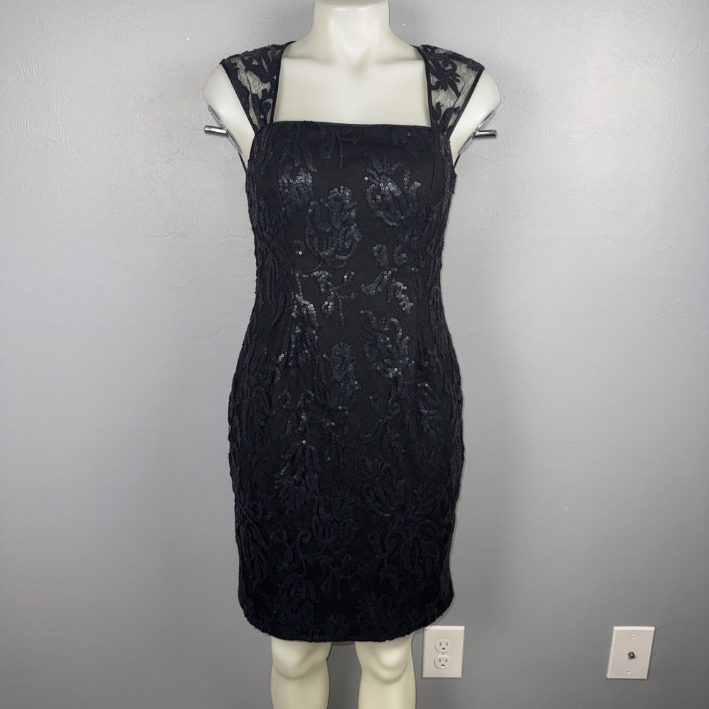 Adrianna Papell Envelope Back Dress Women's 2 Black Lace And Sequin Cocktail LBD